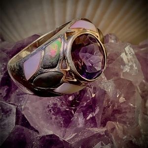 Sterling silver amethyst, abalone and mother of pearl ring